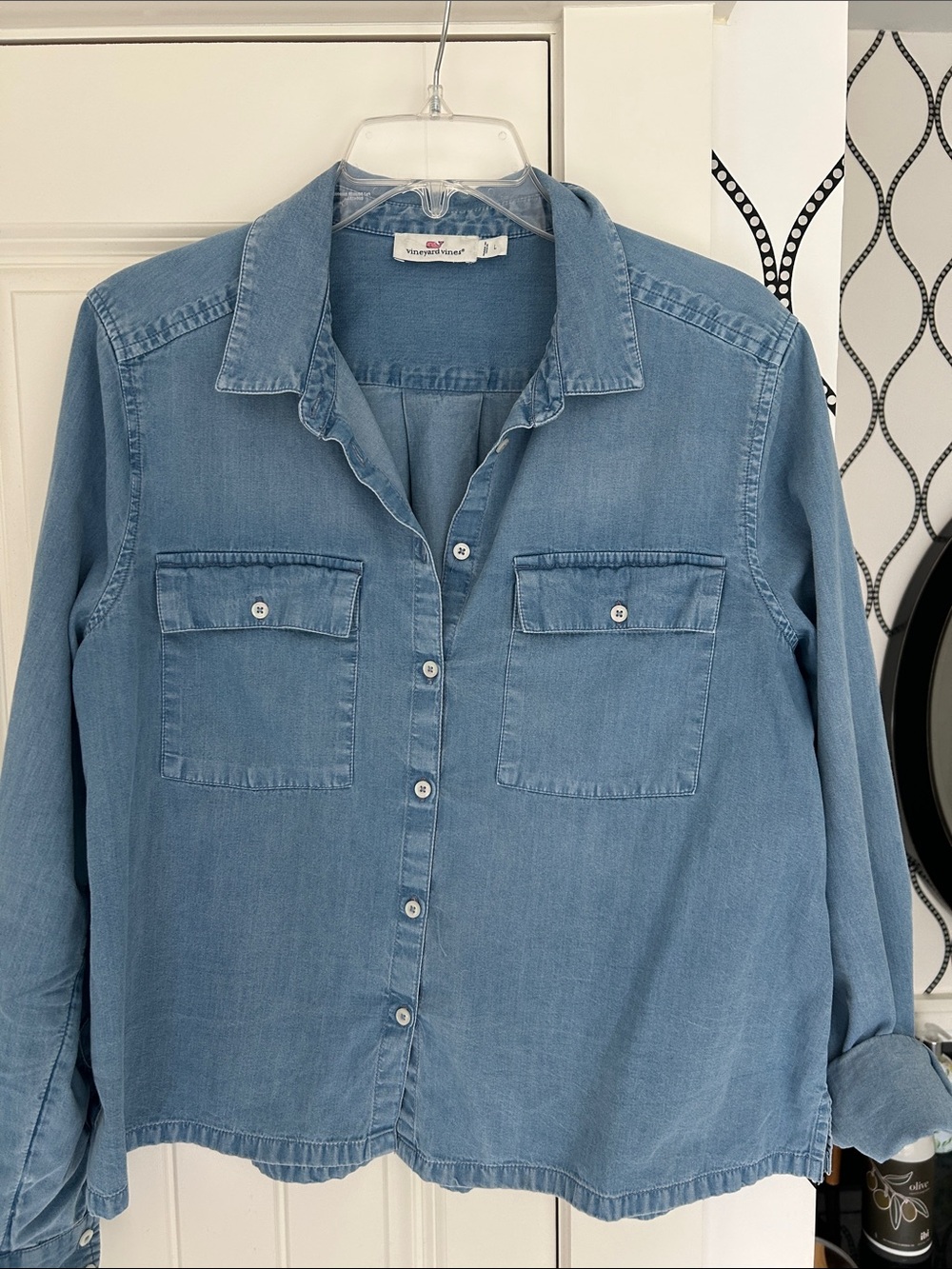 Vineyard Vines Light Blue Chambray Top with Pink Whale Logo
